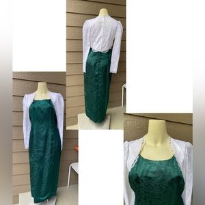 Vintage 1980s Handmade Emerald Green Brocade And White Lace Maxi Women’s Dress